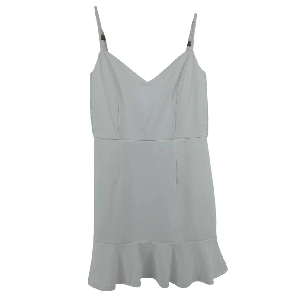 Crystal Doll, white spaghetti strap fit and flare with ruffle hem